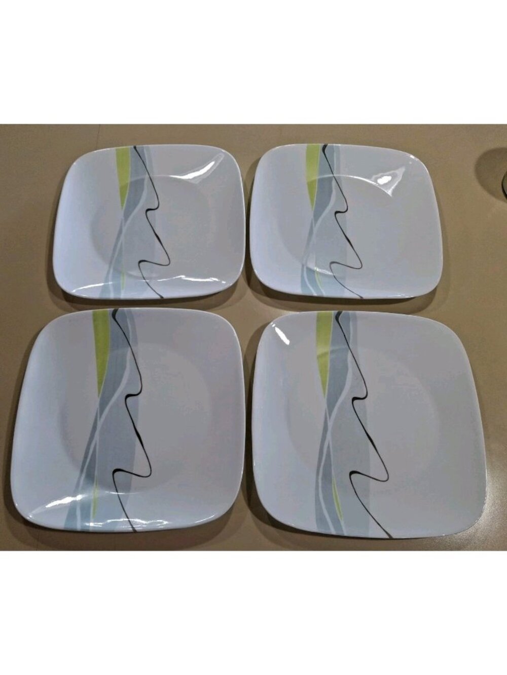 4 Corelle Harmony Plates Square Dinner Zen Curve Abstract Blue Green White 10.5"